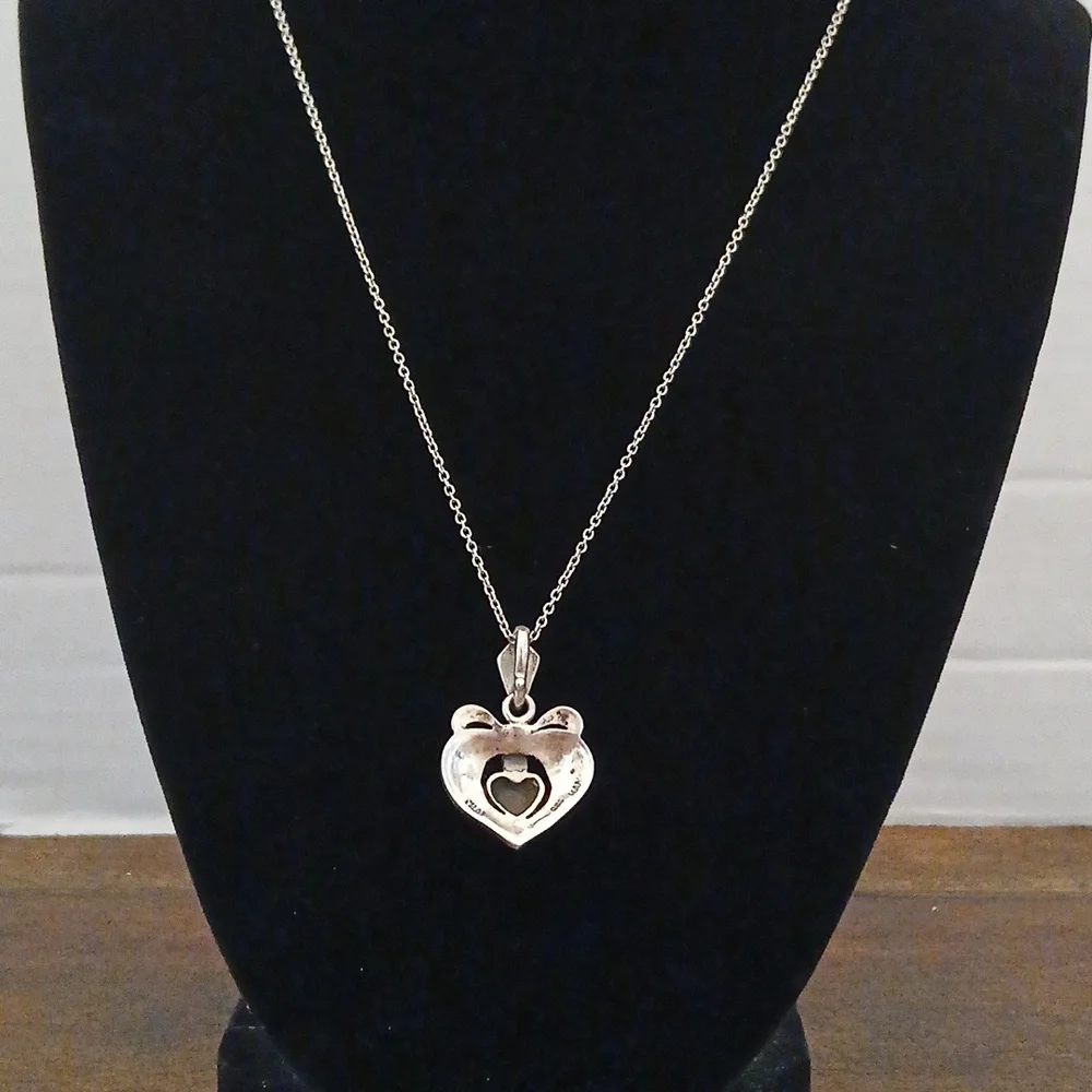 Vintage Sterling Silver Black Onyx Heart Marcasite Heart Pendant